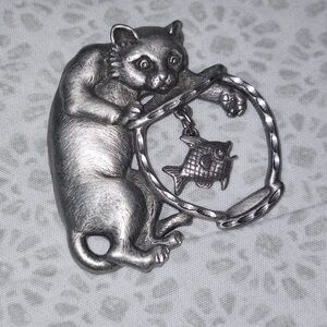 Silver Cat Brooch with Fish Charm vintage